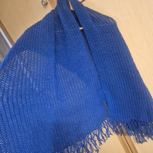 Large Handmade Knit Shawl Scarf with Fringes Blue New