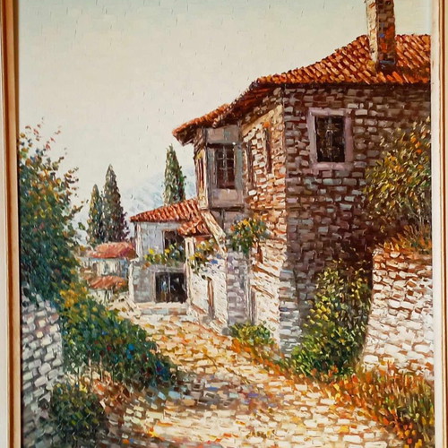 Spatula oil painting by Vas. Zenetzis with vineyard theme