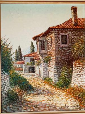 Spatula oil painting by Vas. Zenetzis with vineyard theme