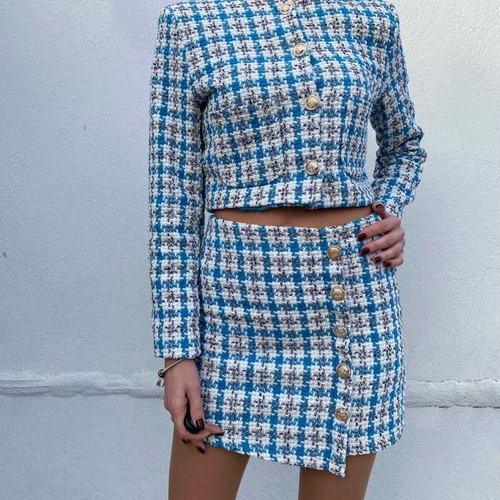 Crop blazer set with skirt like new, size S, white and turquoise
