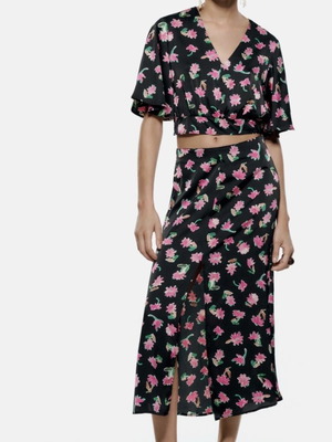 Zara co-ord set σατέν φλοράλ φούστα μπλούζα μέγεθος XL σαν καινούργιο