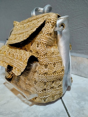 Women's modern backpack bag, straw with faux leather and transparent pocket new