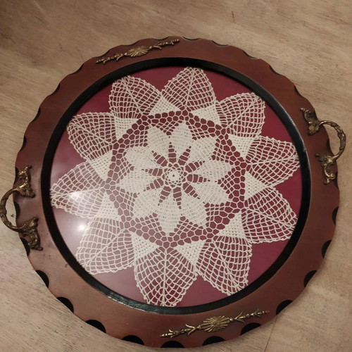 Wooden serving tray with crochet used, 40cm diameter