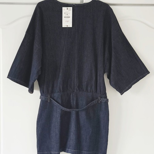 Zara Dark Blue Denim Mini Dress with Kimono Sleeves and Belt Size M New