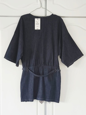 Zara Dark Blue Denim Mini Dress with Kimono Sleeves and Belt Size M New