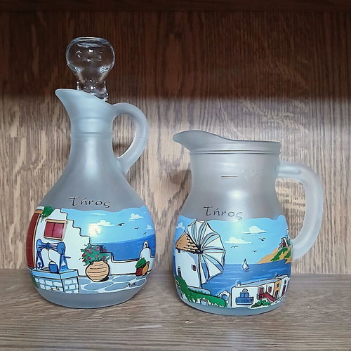 Glass souvenir pitchers from Tinos, like new, set of two 250ml