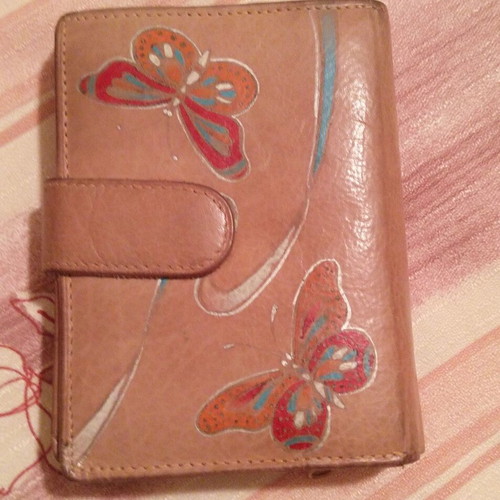 Cozy leather women's wallet like new, beige with handpainted butterflies