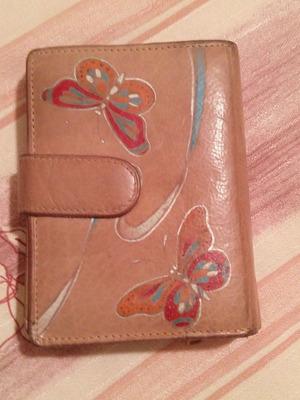 Cozy leather women's wallet like new, beige with handpainted butterflies