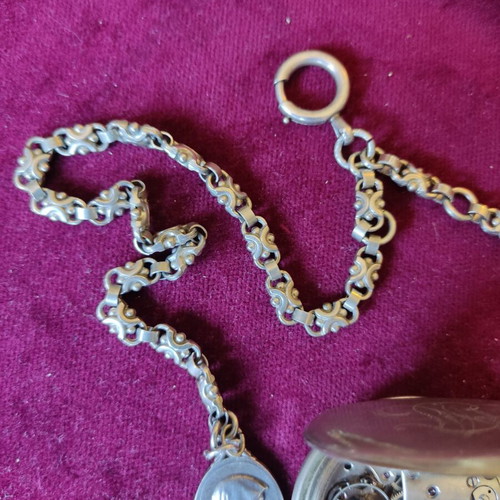 Cyma silver-plated pocket watch with silver-plated chain and religious medal used