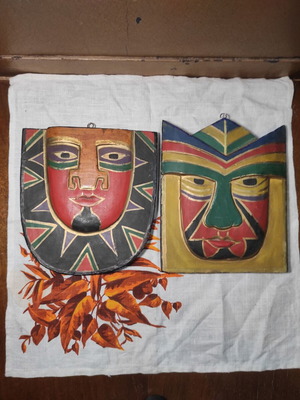 Set of 2 wooden Laurel Burch Mayan/Aztec hanging decorations handmade like new