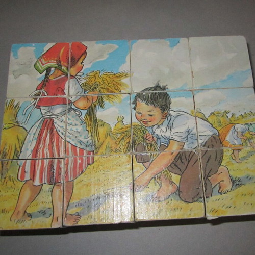 Vintage wooden cube puzzle used, 6 images by Marie Fischerova-Kvechova