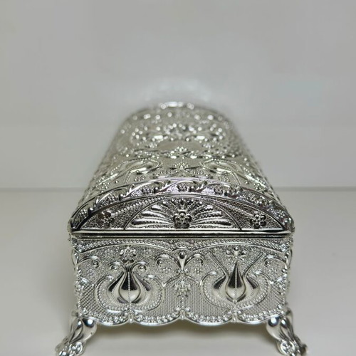 Metallic Ornate Jewelry Box with Oriental Embossed Design and Velvet Lining