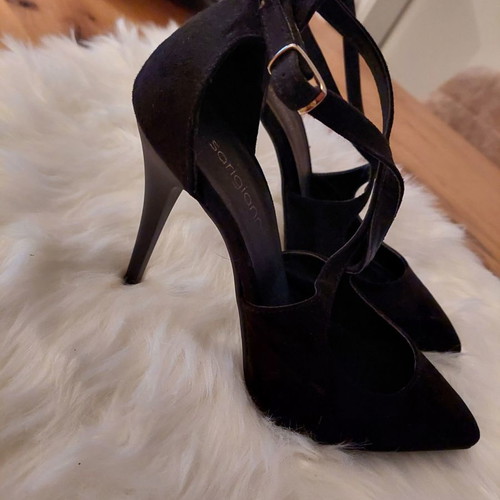 Sarigiannis pumps used, black suede, crisscross design, size 38