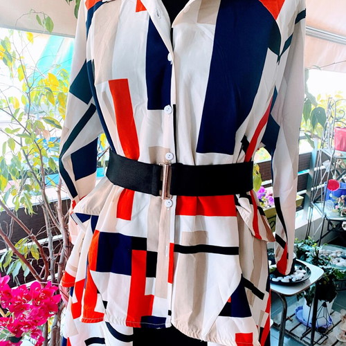 Marella Long Shirt White Blue Red with Belt like new