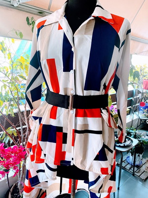 Marella Long Shirt White Blue Red with Belt like new