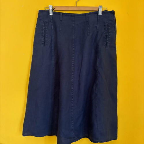 Adagio Vintage Navy Blue Linen A-Line Midi Skirt Lined Pockets L