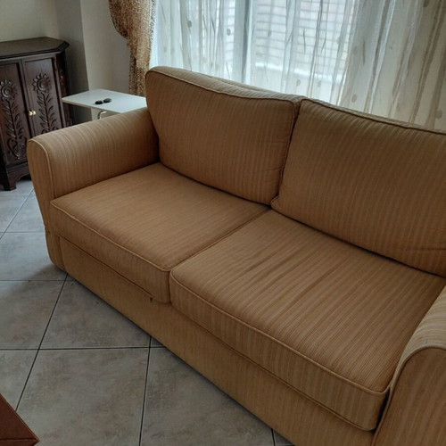 Three-seater sofa with mechanism for double bed, like new, beige fabric