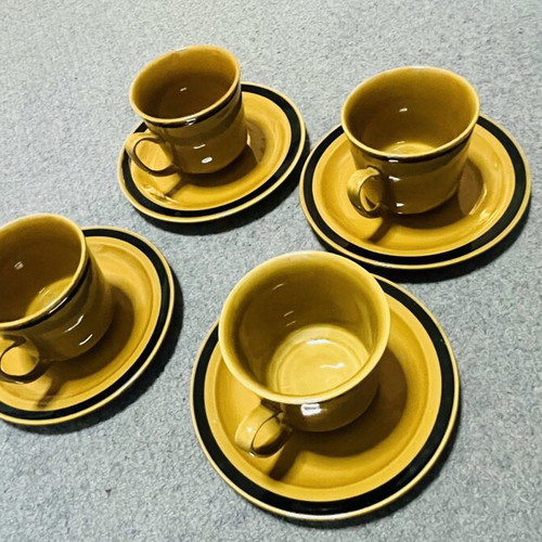 Retro ceramic cup set used, 4 pieces mustard yellow with black rim