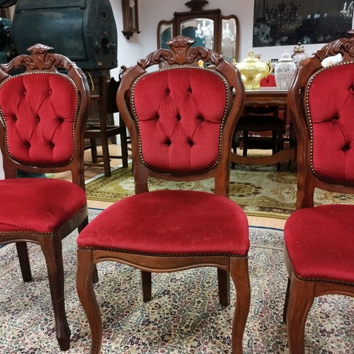 Marqueterie dining table set used with eight chairs