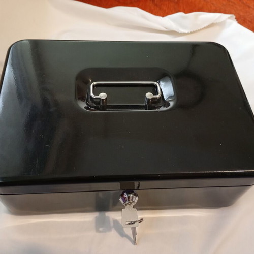 Portable metal cash box used, black, 30x20x10 cm