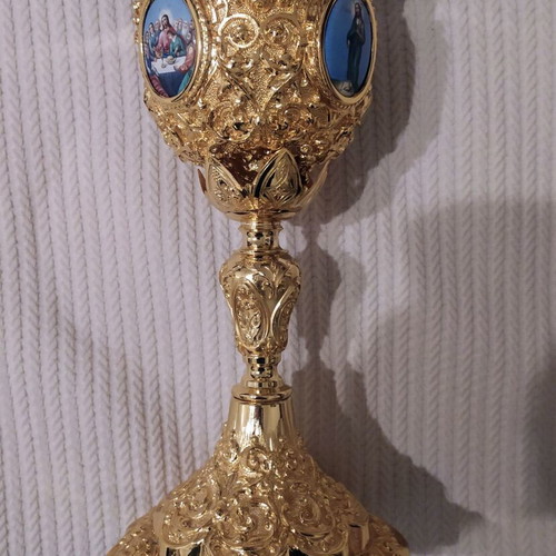 Large gilded chalice like new with enamel and carved decoration
