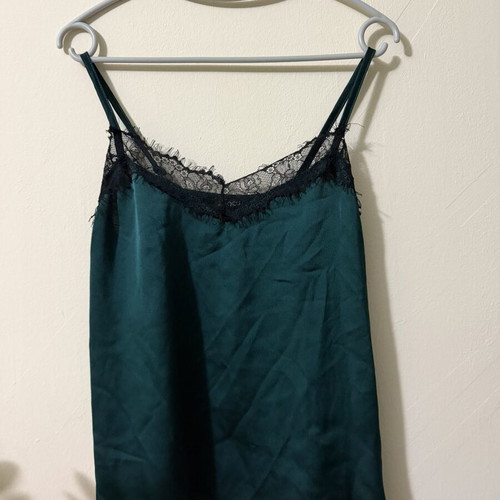 Satin lingerie top emerald green with black lace