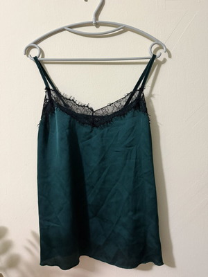 Satin lingerie top emerald green with black lace
