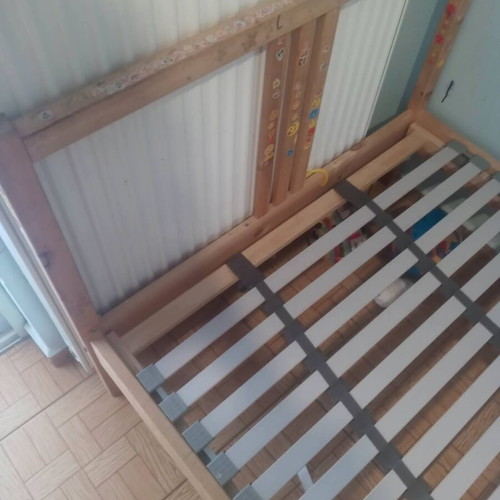 Wooden bed frame with foam mattress and 2 wall storage boxes, IKEA