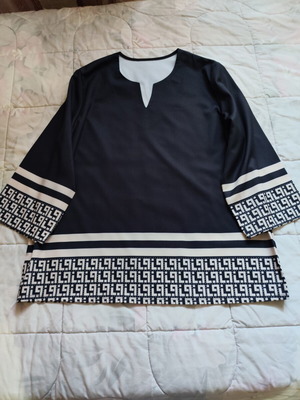 Women's blouse XL black with white stripes and meander motifs, new