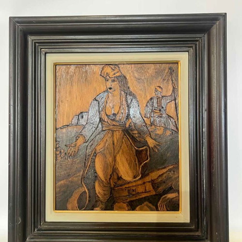Vintage pyrography wall art with artist signature depicting Bouboulina used