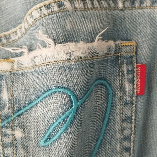Miss Denim denim jeans used, bell-bottom, size 28, light wash with rips