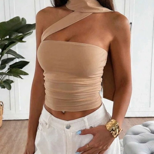 Shein Beige Strapless Crop Top with Cross Neck Tie, New, Size M