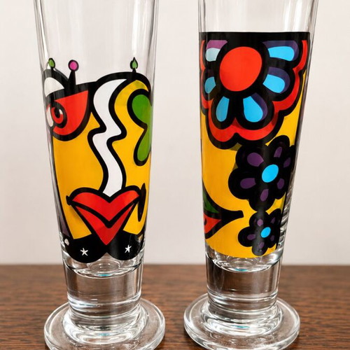 Set of 2 vintage glass liqueur glasses with pop art designs