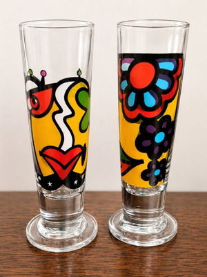 Set of 2 vintage glass liqueur glasses with pop art designs