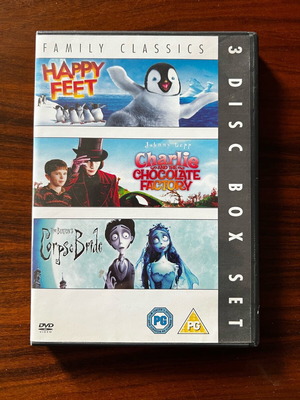 Happy Feet, Charlie and the Chocolate Factory, Corpse Bride 3 Disc DVD like new with English subtitles