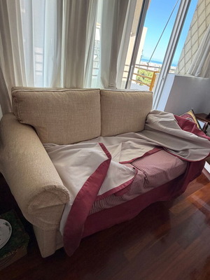 Living room set with beige three-seater and two-seater sofa, 2 stools