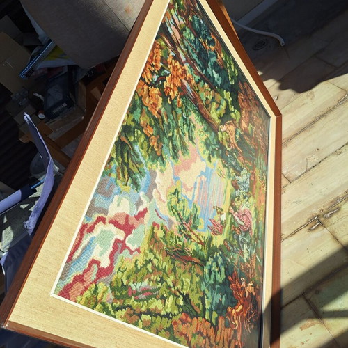Handmade embroidered large textile painting with pastoral scene