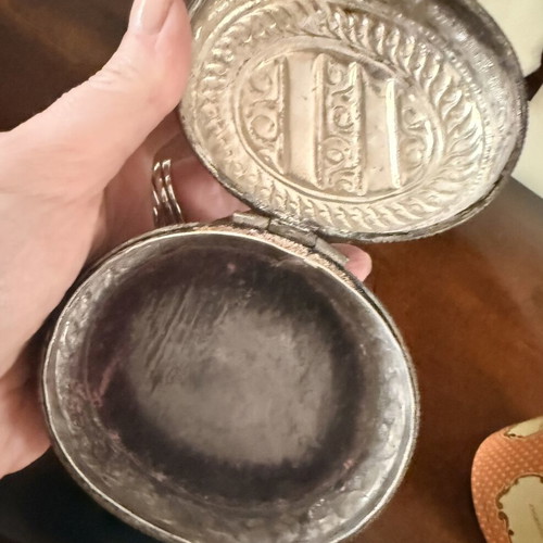 Vintage silver decorative box used, embossed metal jewelry case