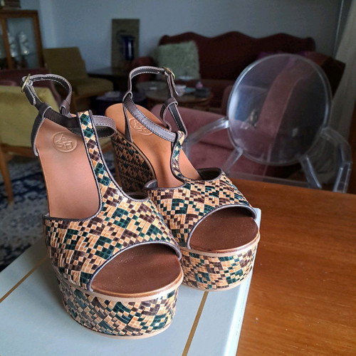 Ash platform sandals used, leather and straw, size 37