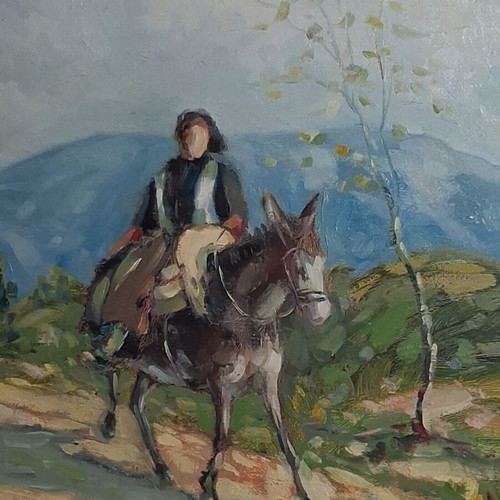 Greek Landscape Oil Painting on Canvas with Donkey Figure like new
