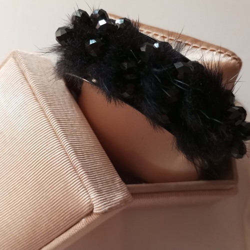 Women's stainless steel bracelet-cuff with black fur and beads
