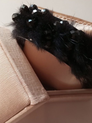 Women's stainless steel bracelet-cuff with black fur and beads