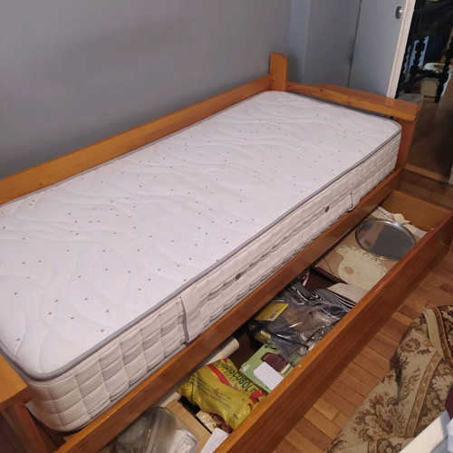 Wooden sofa bed with storage and new Mediastrom mattress used