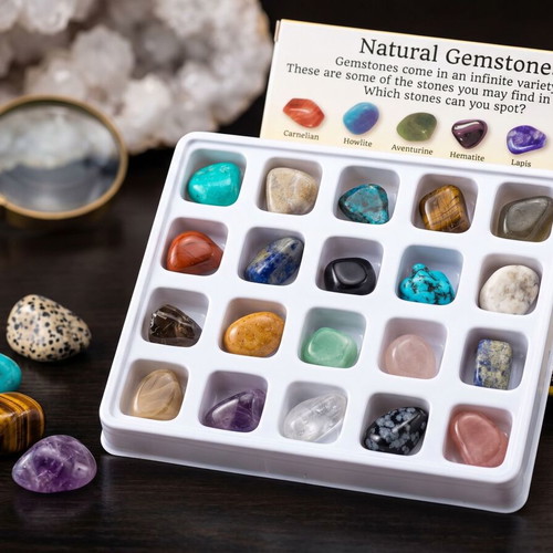 Collection of 20 natural semi-precious stones in box like new
