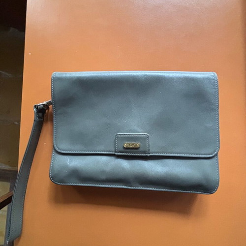 Hand wallet used, leather gray with multiple compartments