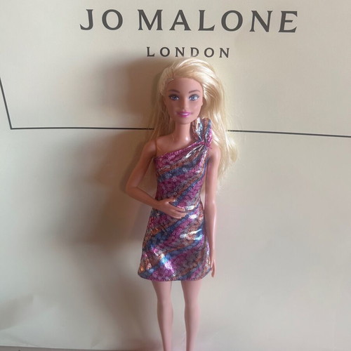 Barbie Fashionistas Party Glam doll with metallic multicolor dress and fuchsia heels, Mattel