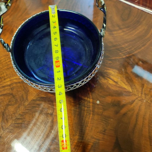 Metal fondue pot with blue glass bowl like new, vintage