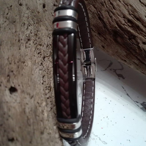 Men's Leather Bracelet with Stainless Steel and Tabac Leather New