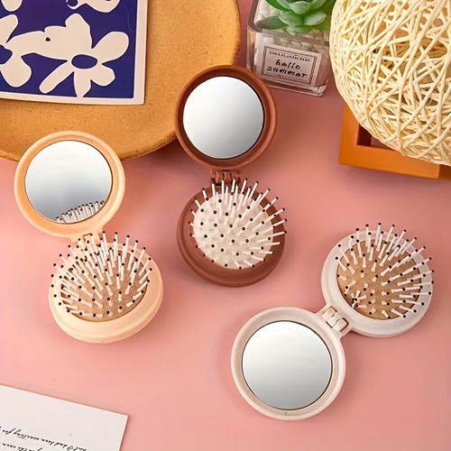 Compact mirror hairbrush cream color new