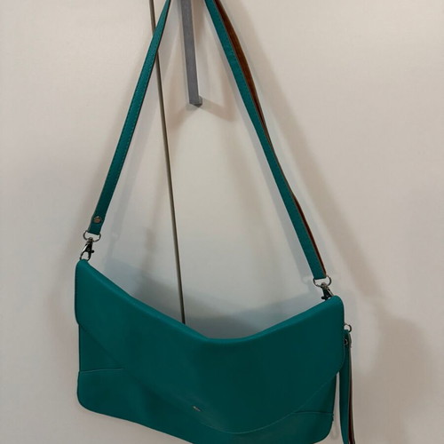 Leather envelope bag used, turquoise with shoulder and hand strap